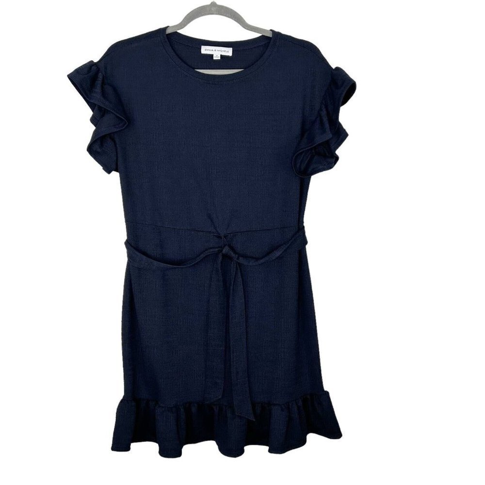 NEW Emma Michele Navy Ruffle Dress Womens Size 1X Short‎ Sleeves Tie Waist
